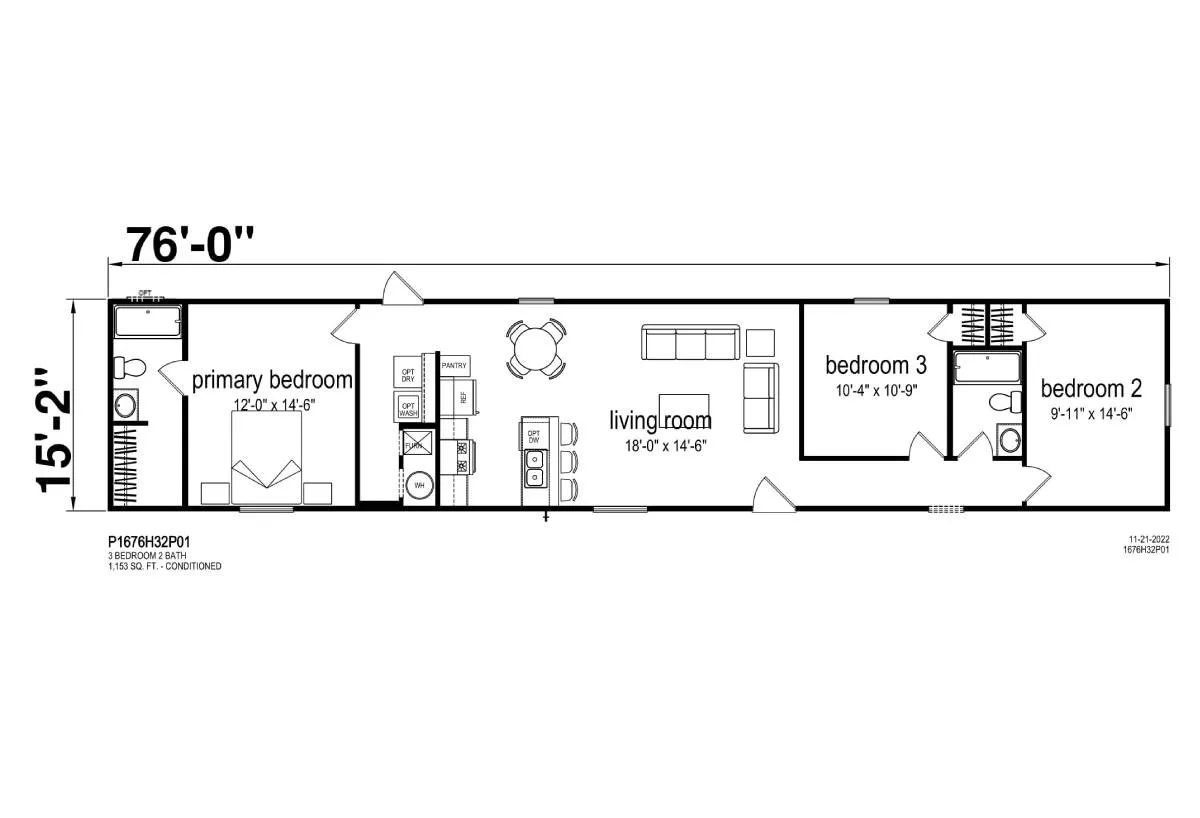 Prime 1676H32P01 042 floor plan, drawn by Champion Homes
