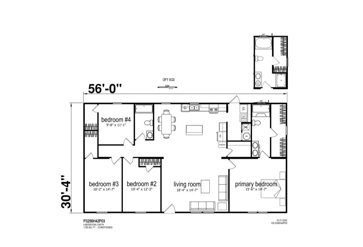 Prime Series / 3256H42P03 floor plan, drawn by Champion Homes