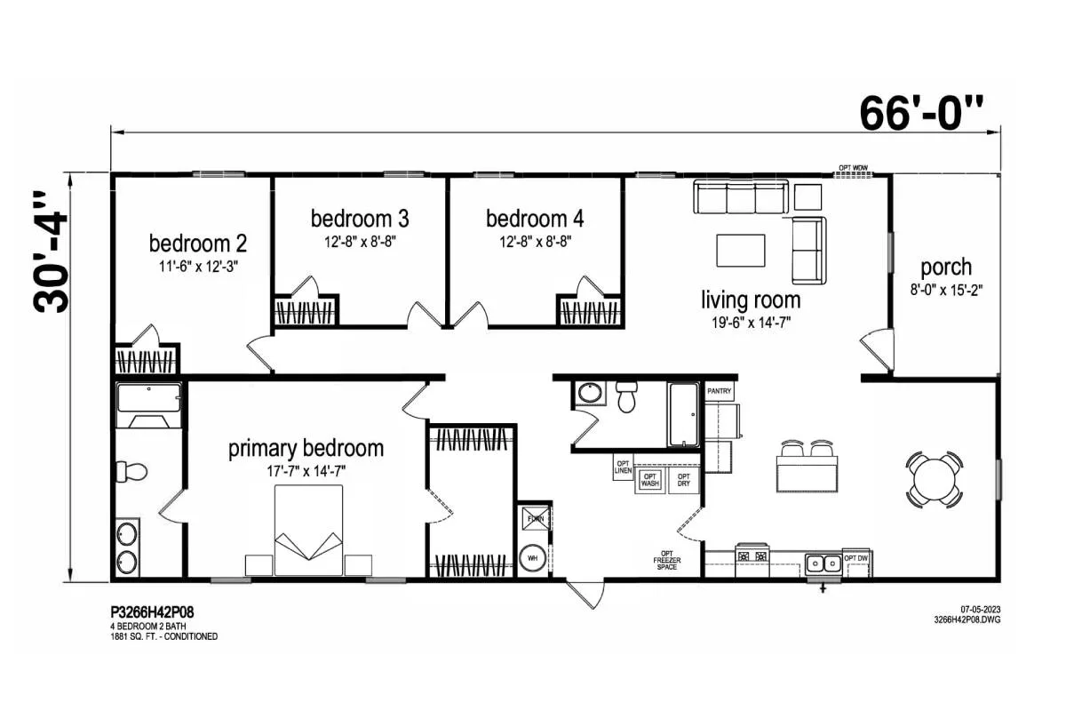 Prime Series / 3266H42P08 floor plan, drawn by Champion Homes